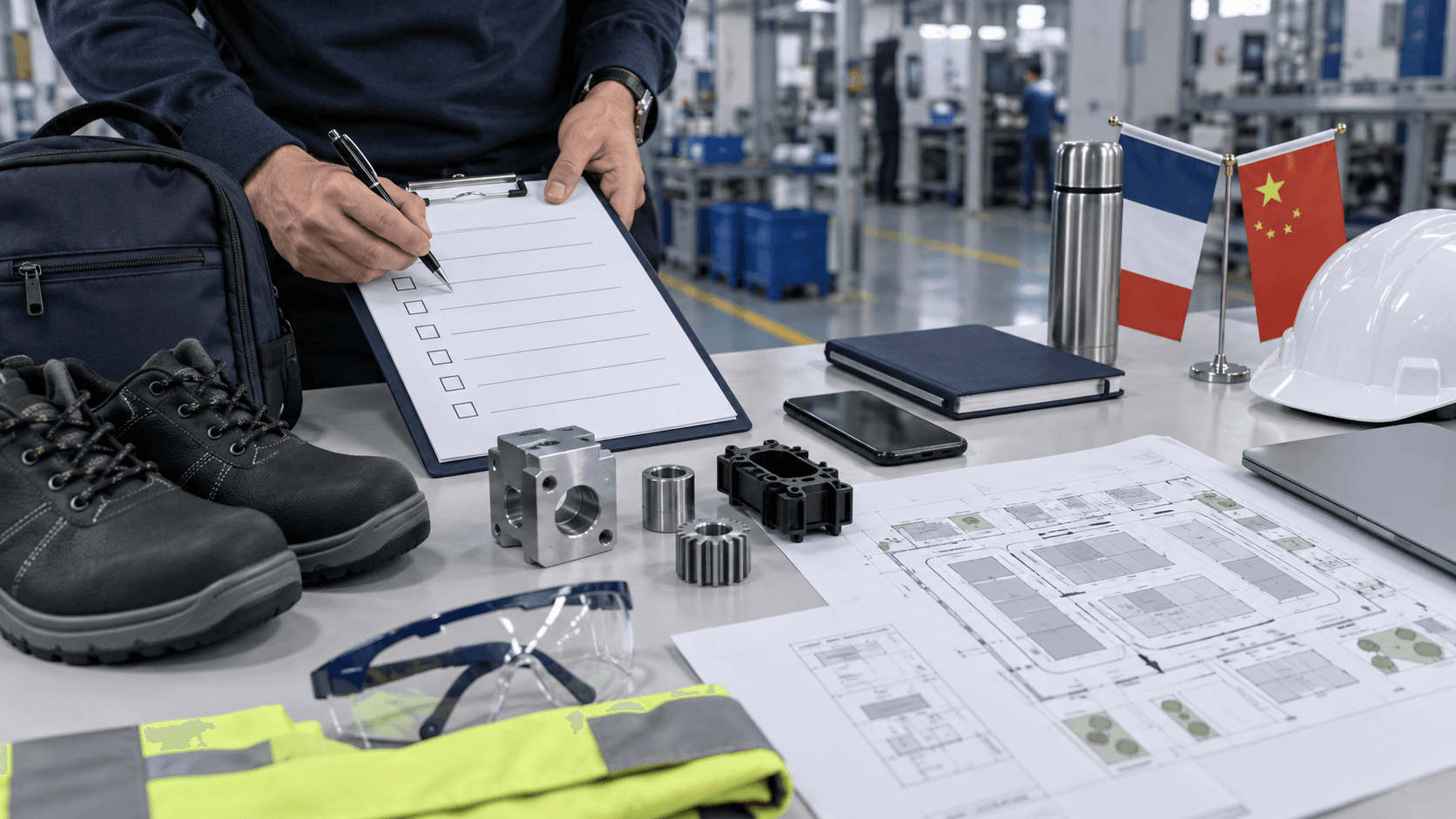 Image de couverture : acheteur préparant une checklist de visite d'usine, des échantillons et des notes de production