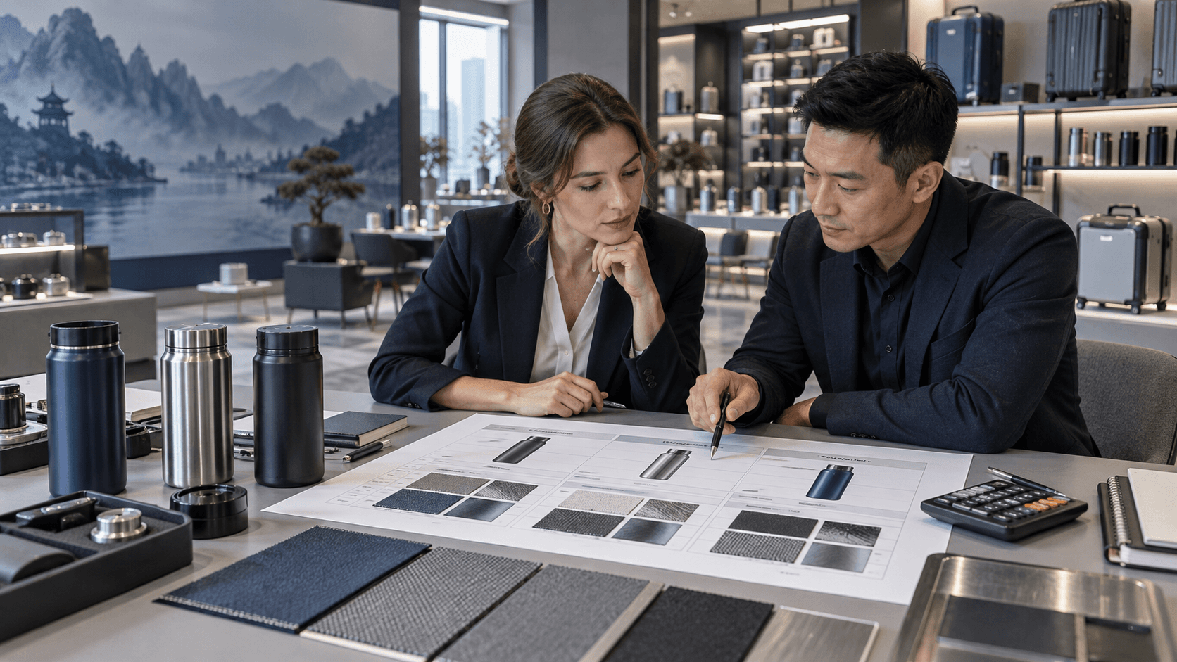 Image de couverture : professionnels comparant des devis et des échantillons produit
