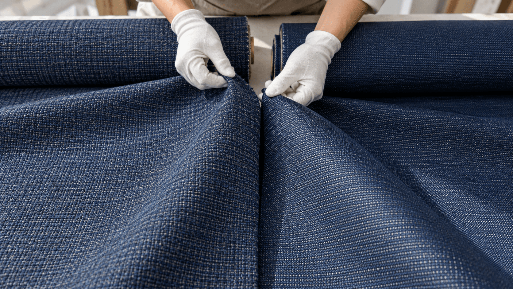 Image d'illustration : comparaison de deux versions d'un tissu bleu dans un atelier