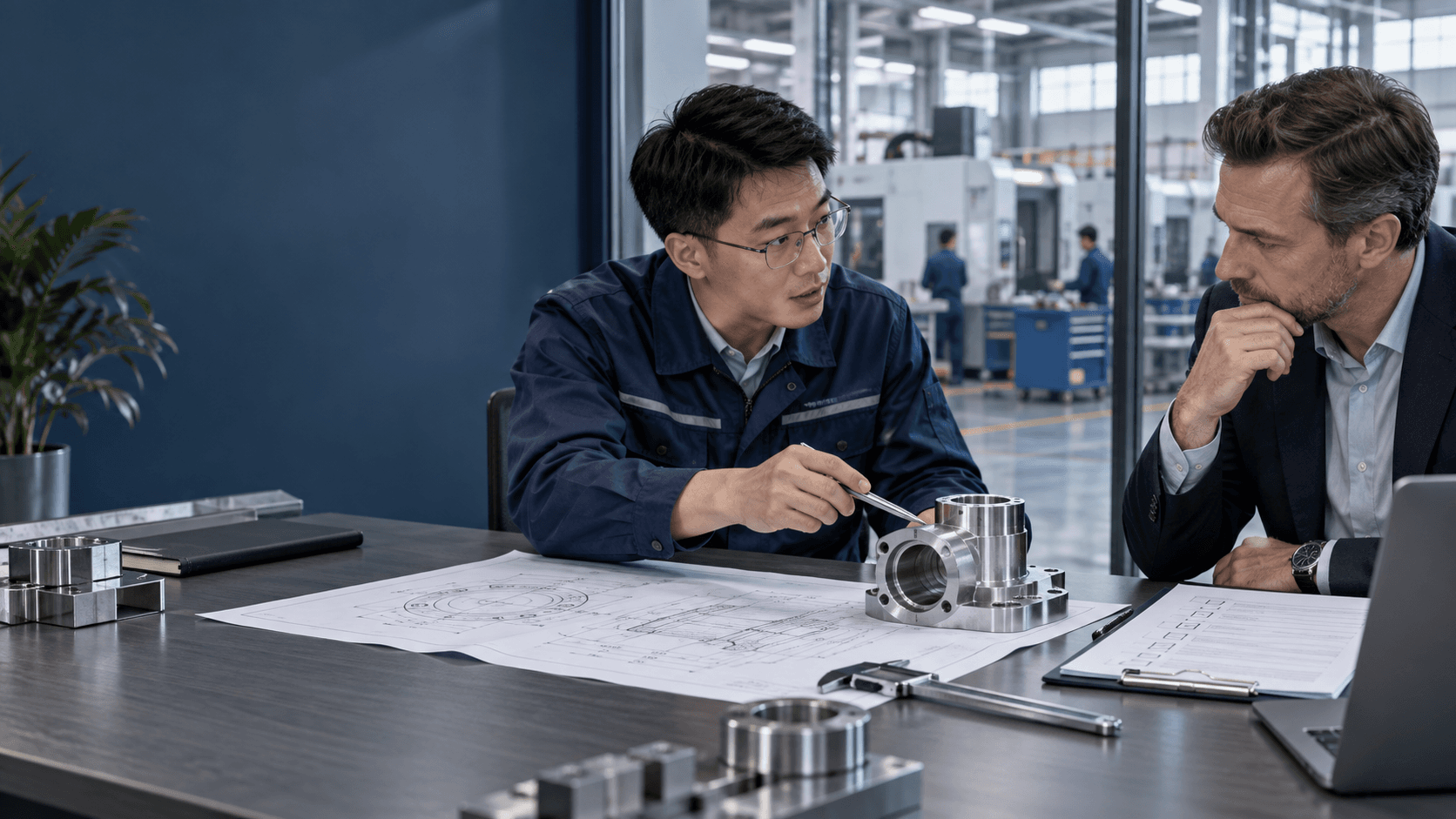 Titelbild: Einkäufer und Ingenieur prüfen technische Zeichnung und Produktmuster
