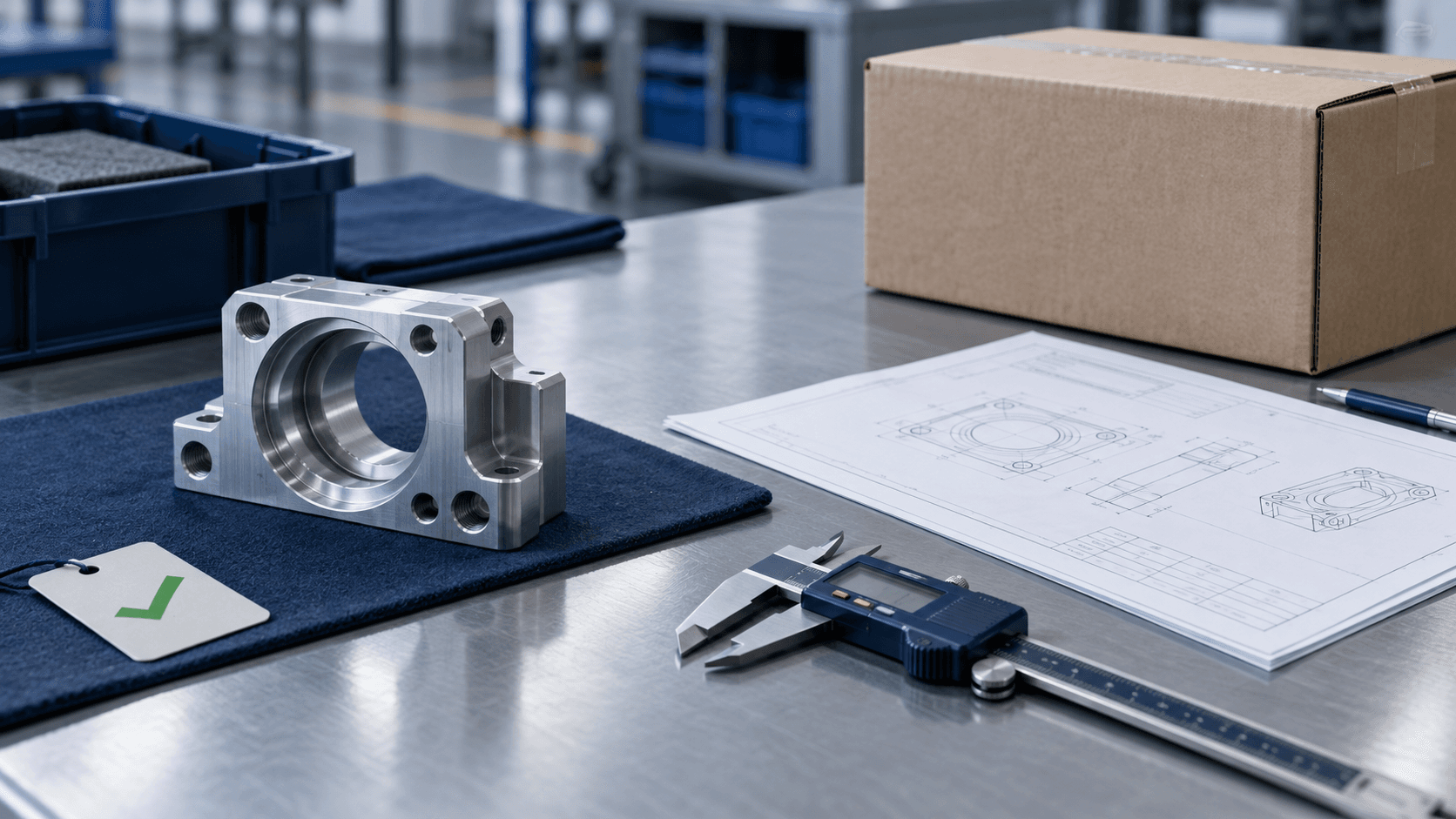 Article cover: approved product sample, production specification, calipers, and shipping carton on a sourcing worktable