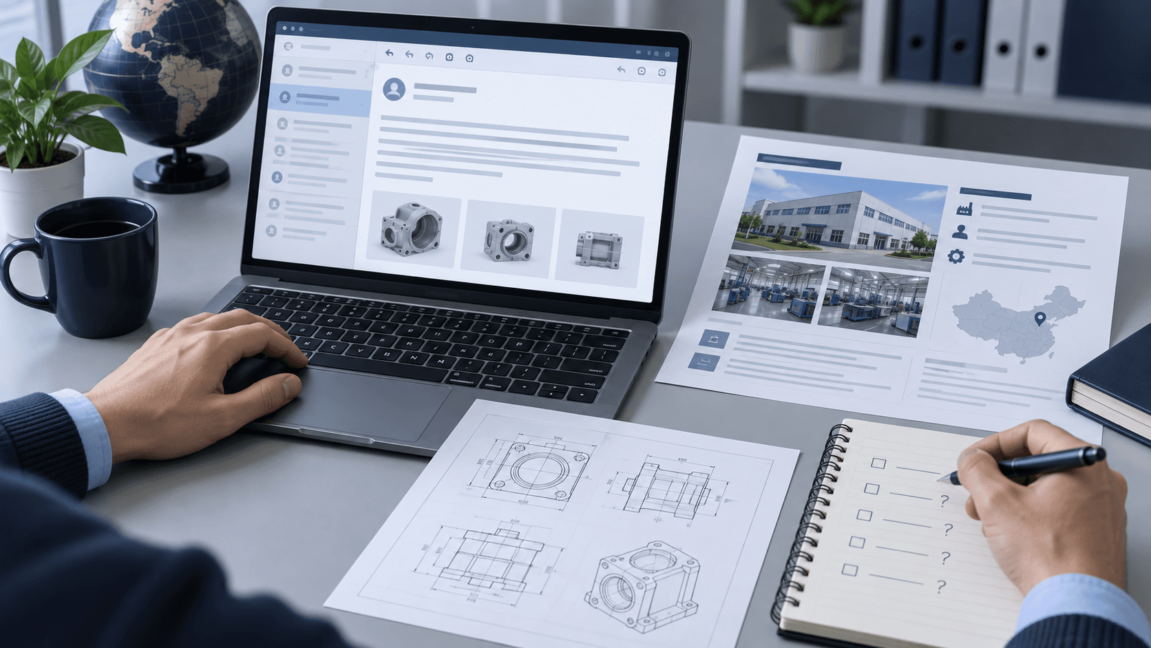 Article cover: buyer reviewing a supplier reply, product drawing, and sourcing questions
