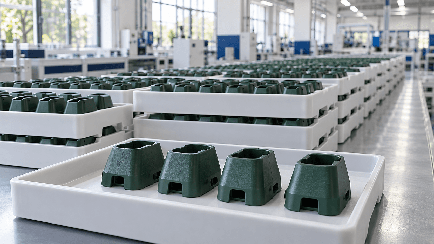 Illustrative cover: a small tray of green components in front of many full production trays