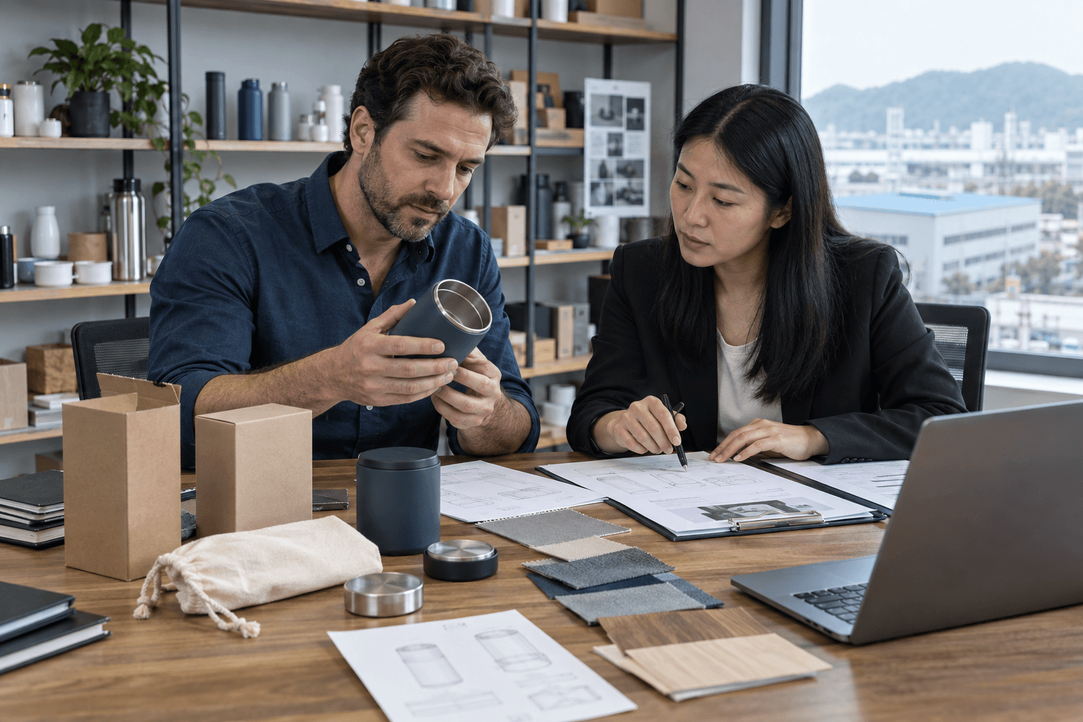 Equipa de compras a rever produtos e informação para verificar um fornecedor chinês