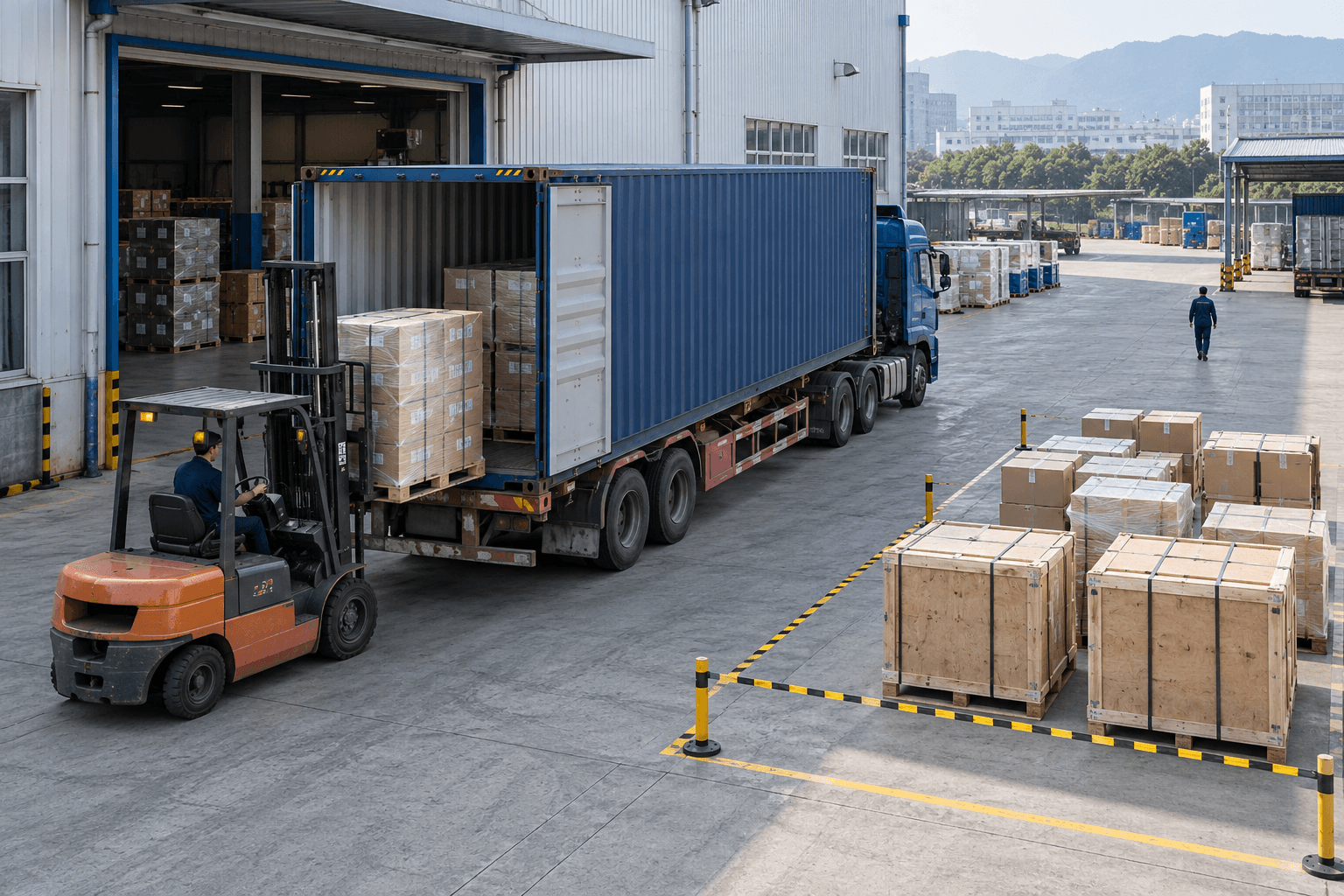 Illustrative cover: one group of crates being loaded while a separate portion of the order remains in a warehouse yard