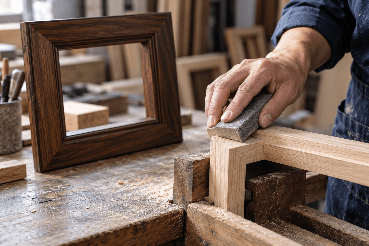 Editorial illustration: a hand sands a clamped wooden picture-frame corner beside a separate finished reference frame