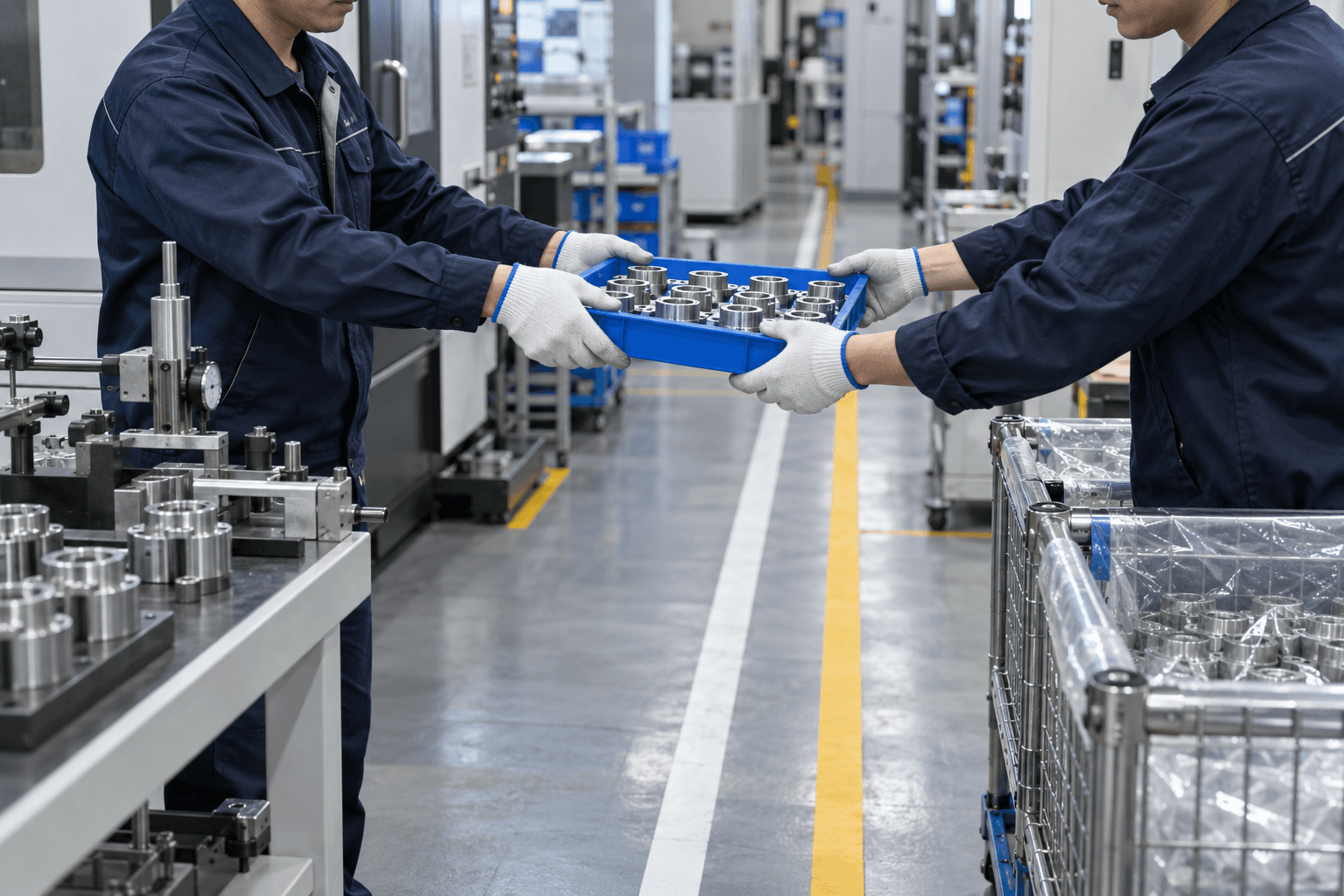 Article cover: unfinished components being transferred between two controlled production cells