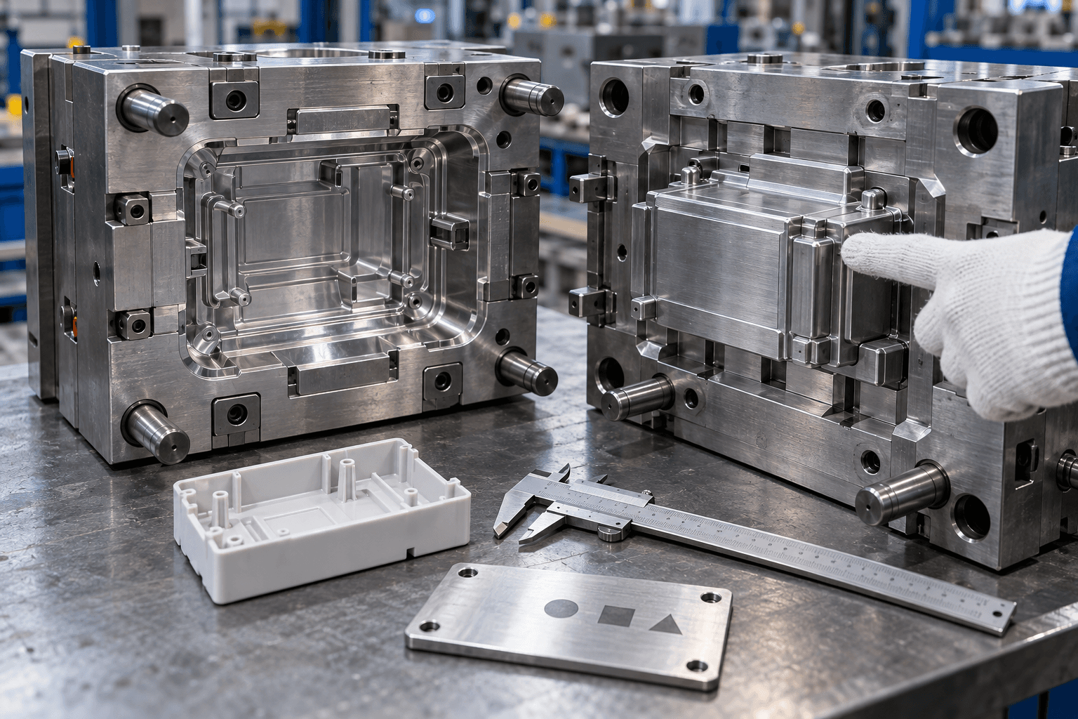 Article cover: open production mold, molded reference part, calipers, and tool identification plate in a workshop