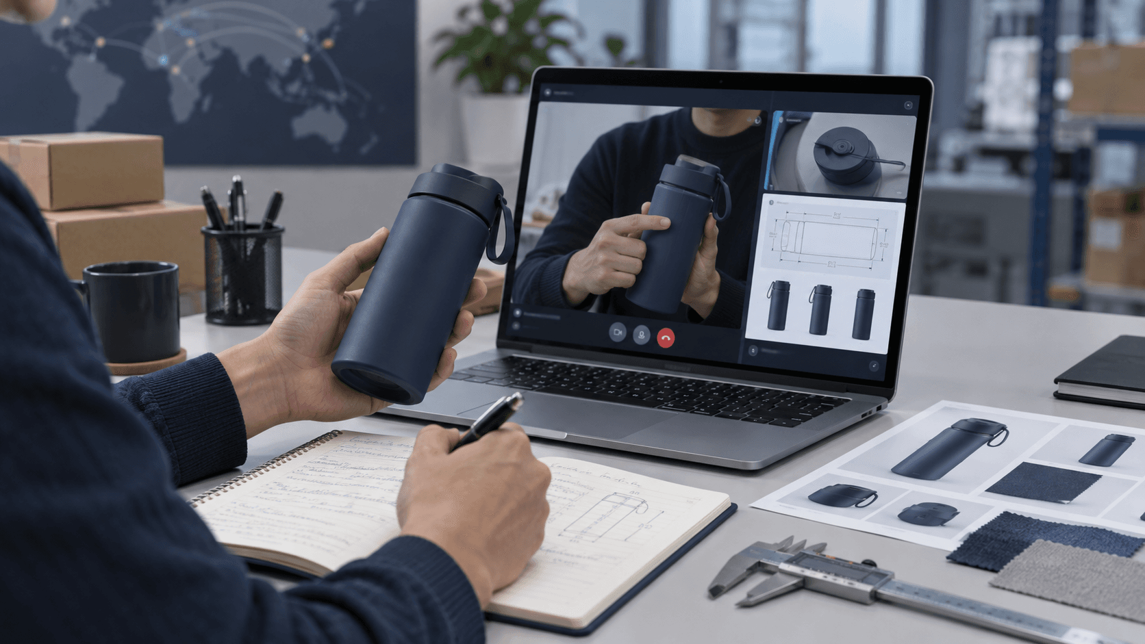 Comprador a preparar videochamada sobre amostra, medição e especificação de produto